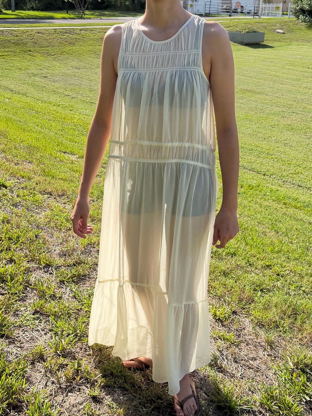 See through Sheer Tiered Maxi Dress  Cream Sz M peasant Beach Wedding Sleep BOHO